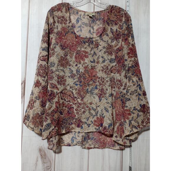 One World Blouse Womens PXL Floral Chiffon Bell Sleeve‎ Semi Sheer Top Plus XL - Picture 1 of 9